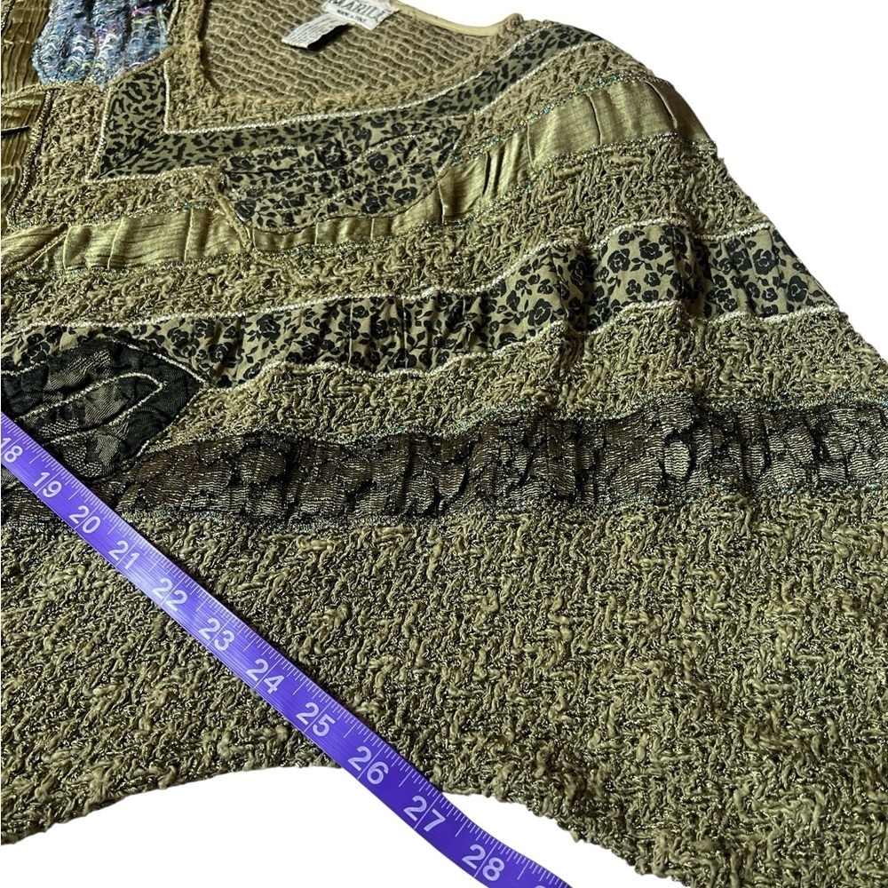 Vintage 80s Olive Green Patchwork Dolman Sweater Italian Boho Textured Slouchy - Picture 12 of 14